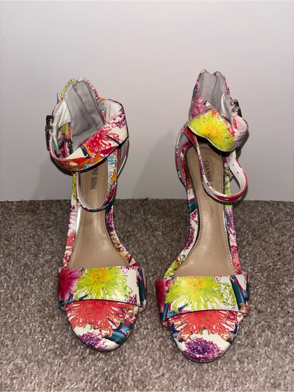Gianni Bini White Floral Multicolor Ankle-Strap Heels